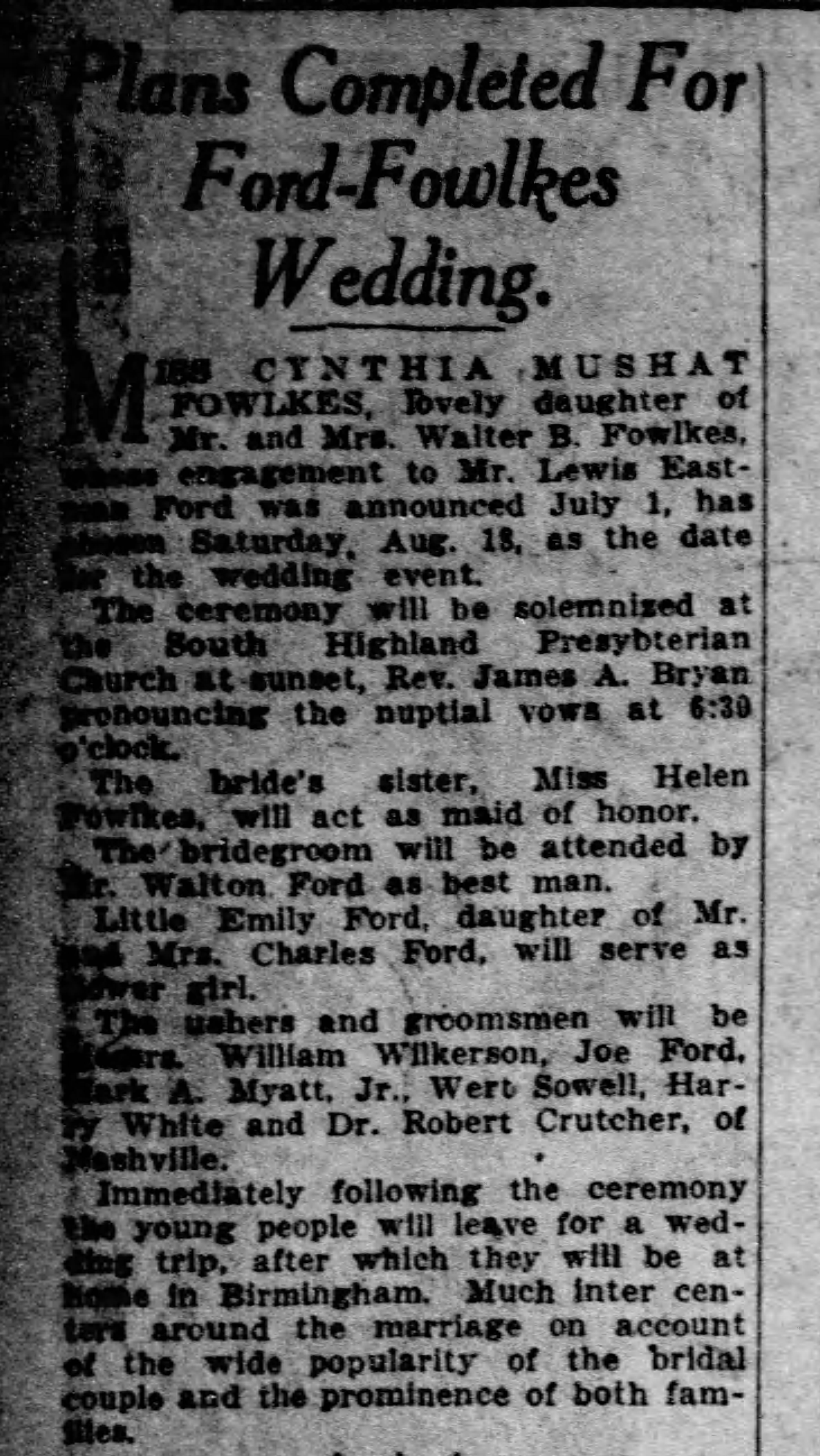 Plans Completed for Ford-Fowlkes Wedding